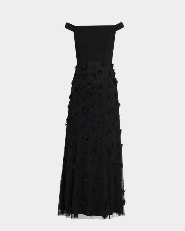 Beaded Floral Applique Off-Shoulder Gown